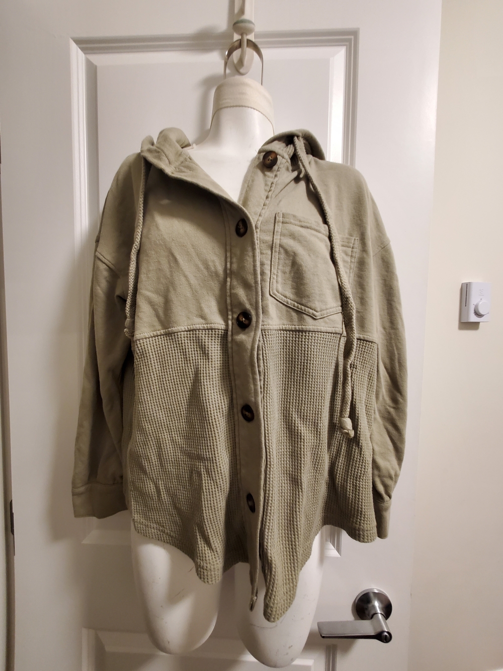 Relaxed Light Olive Hooded Button-Down Shirt